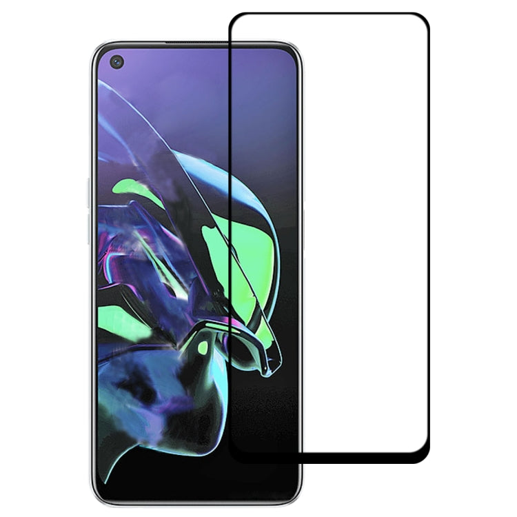 Clear full-screen tempered glass screen protector film with black edge on dark-blue phone