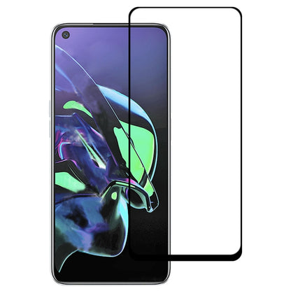 Clear full-screen tempered glass screen protector film with black edge on dark-blue phone