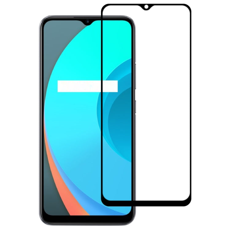 Clear full-screen tempered glass screen protector film with black edge on teal-blue phone