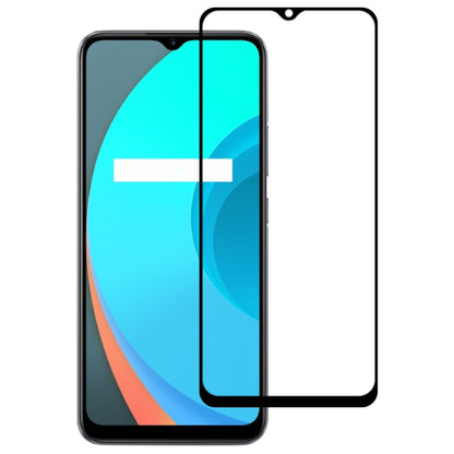 Clear full-screen tempered glass screen protector film with black edge on teal-blue phone