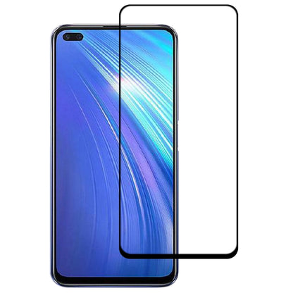 Clear full-screen tempered glass screen protector film with black edge on blue phone