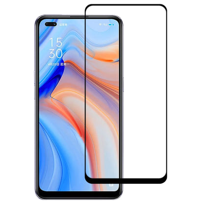 Clear full-screen tempered glass screen protector film with black edge on blue-orange phone