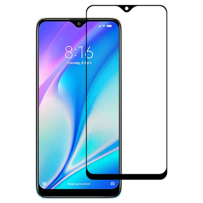Clear full-screen tempered glass screen protector film with black edge on blue phone display