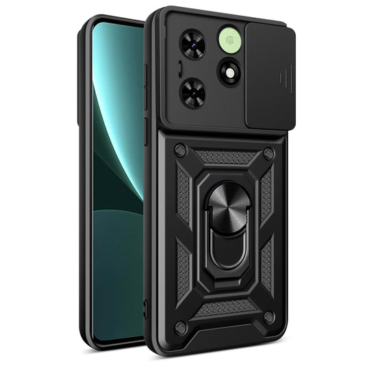 Rugged black phone case with sliding camera cover and built-in ring stand