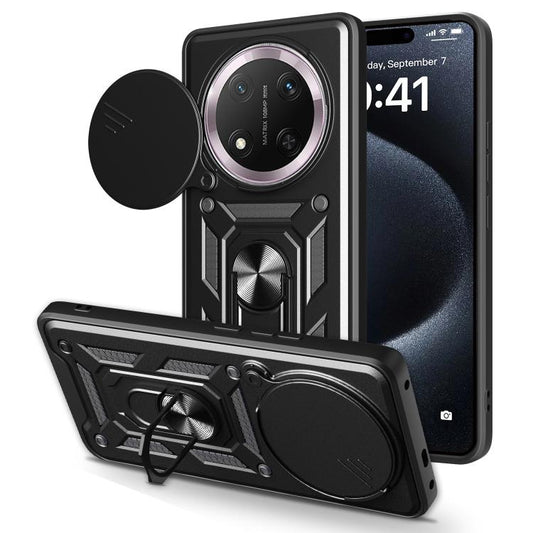 Black sliding camera cover phone case with magnetic ring stand and kickstand