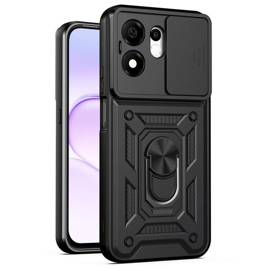 Black rugged TPU+PC phone case with sliding lens cover and built-in ring stand