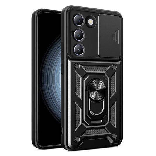 Rugged sliding camera cover phone case with ring stand, black TPU/PC armor shell