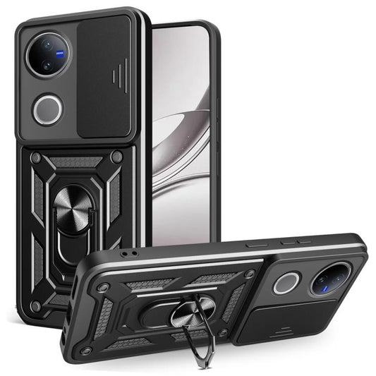 Black rugged sliding camera cover phone case with ring stand, for protection