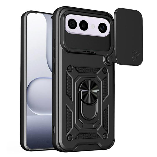 Black rugged TPU phone case with sliding lens cover, ring stand, and raised camera bezel