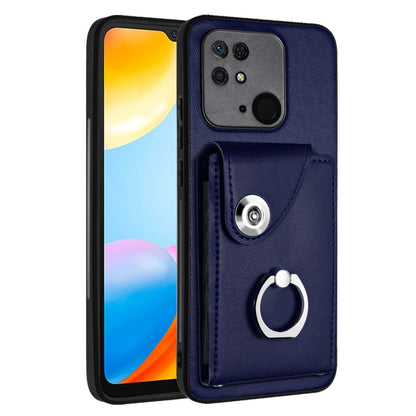 Navy PU phone case with card slot and metal ring holder, for a secure grip
