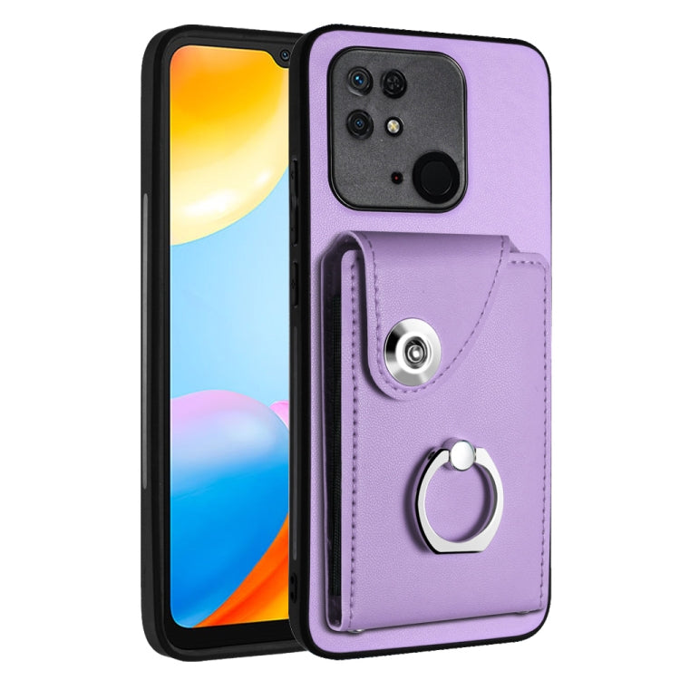 Lavender PU phone case with card slot and metal ring holder, for a secure grip