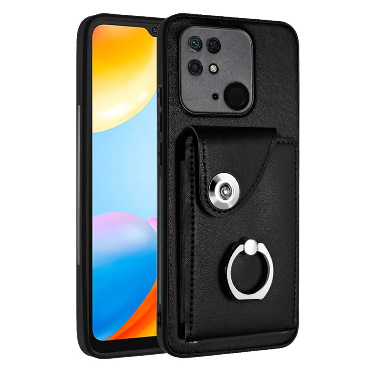 PU phone case with card holder and ring grip strap, black