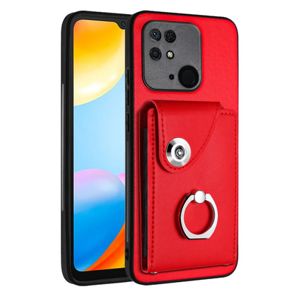 PU phone case with card holder and ring grip strap, red