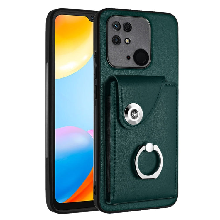 PU phone case with card holder and ring grip strap, dark green