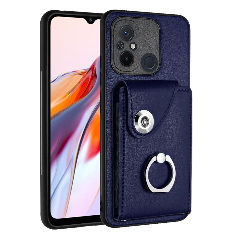 Navy PU phone case with card slot and metal ring holder, for a secure grip