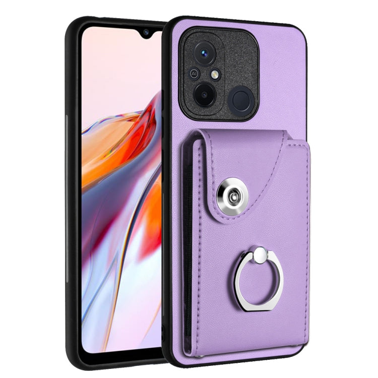 Lavender PU phone case with card slot and metal ring holder, for a secure grip