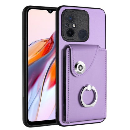Lavender PU phone case with card slot and metal ring holder, for a secure grip