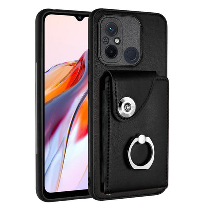 Black PU phone case with card slot and metal ring holder, for a secure grip