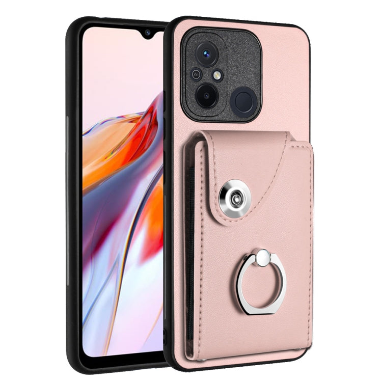 Light pink PU phone case with card slot and metal ring holder, for a secure grip