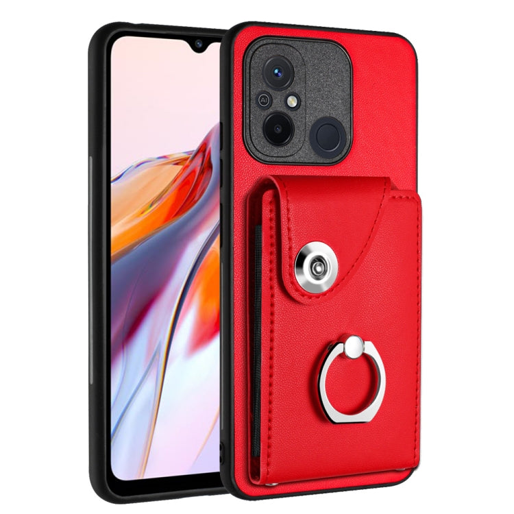 Red PU phone case with card slot and metal ring holder, for a secure grip