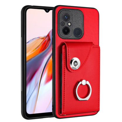 Red PU phone case with card slot and metal ring holder, for a secure grip
