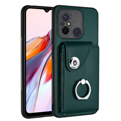 Dark green PU phone case with card slot and metal ring holder, for a secure grip