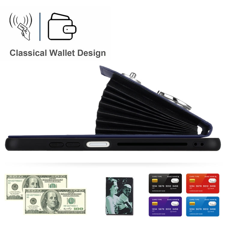 Wallet-style phone case with card slots and ring holder on a magnetic flap, slim design.