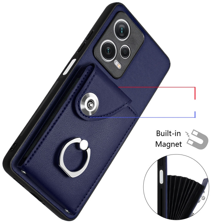 Blue PU phone case with ring holder, card pocket flap, reinforced edges, camera cutouts.