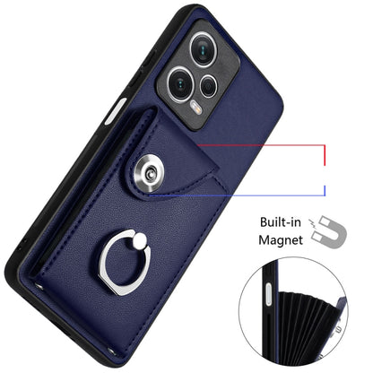 Blue PU phone case with ring holder, card pocket flap, reinforced edges, camera cutouts.