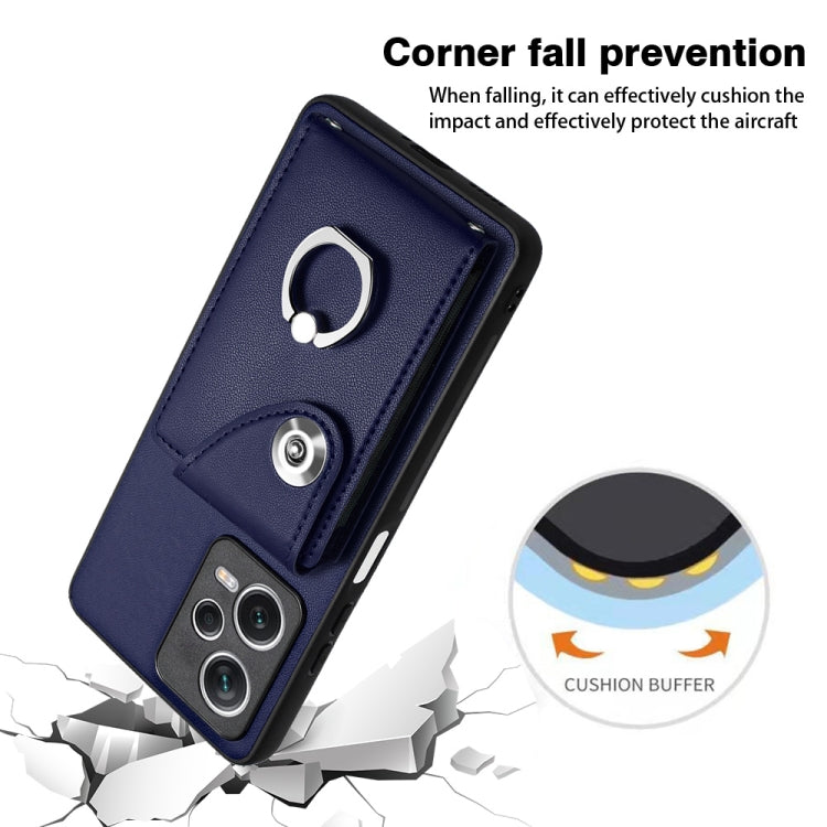 Blue PU wallet phone case with ring holder and reinforced corner protection for drop impact.