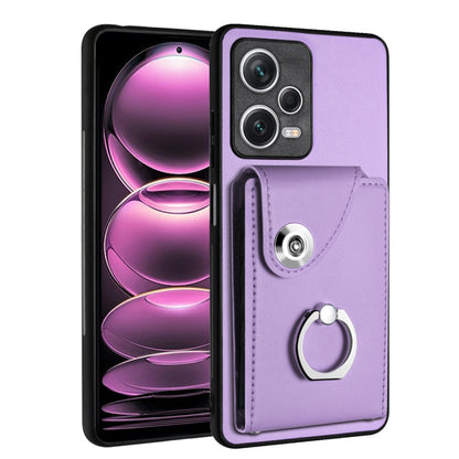 Purple PU wallet phone case with card pocket and ring holder, snap flap, camera cutouts.