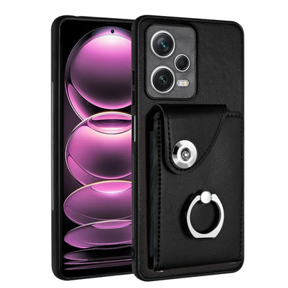 Black PU wallet phone case with card pocket and ring holder, snap flap, camera cutouts.