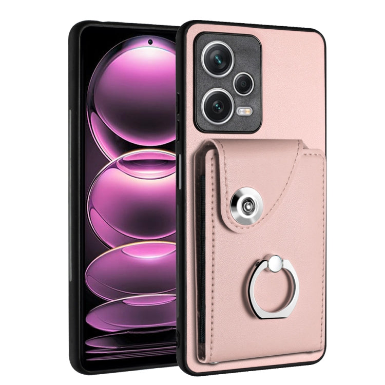 Pink PU wallet phone case with card pocket and ring holder, snap flap, camera cutouts.