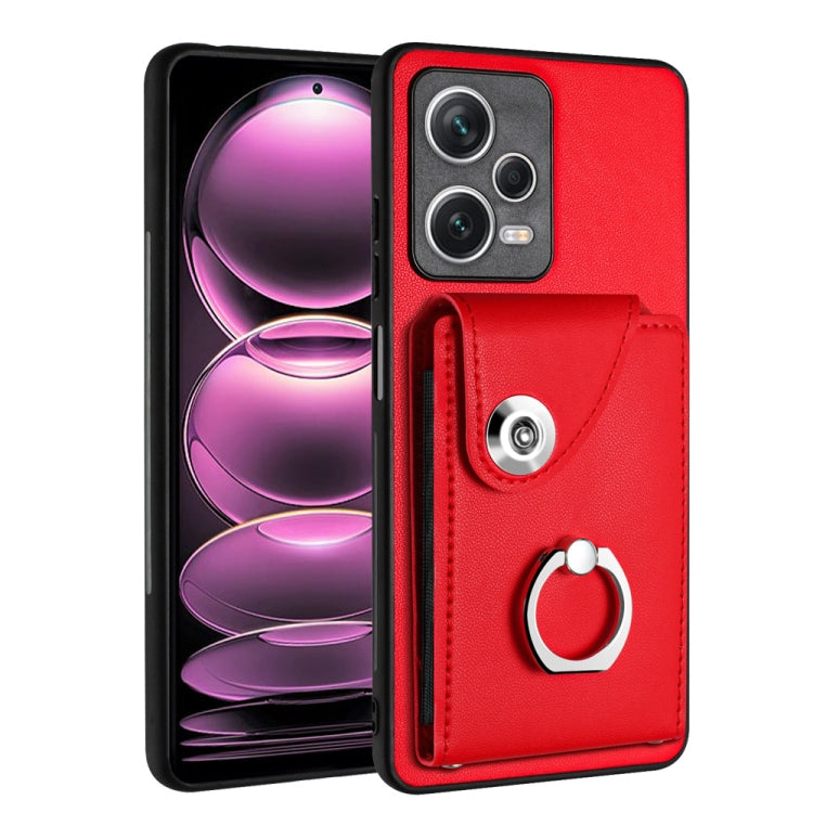 Red PU phone case with card slot and metal ring holder, for a secure grip
