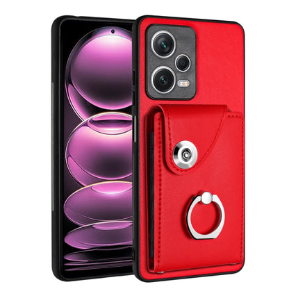 Red PU phone case with card slot and metal ring holder, for a secure grip