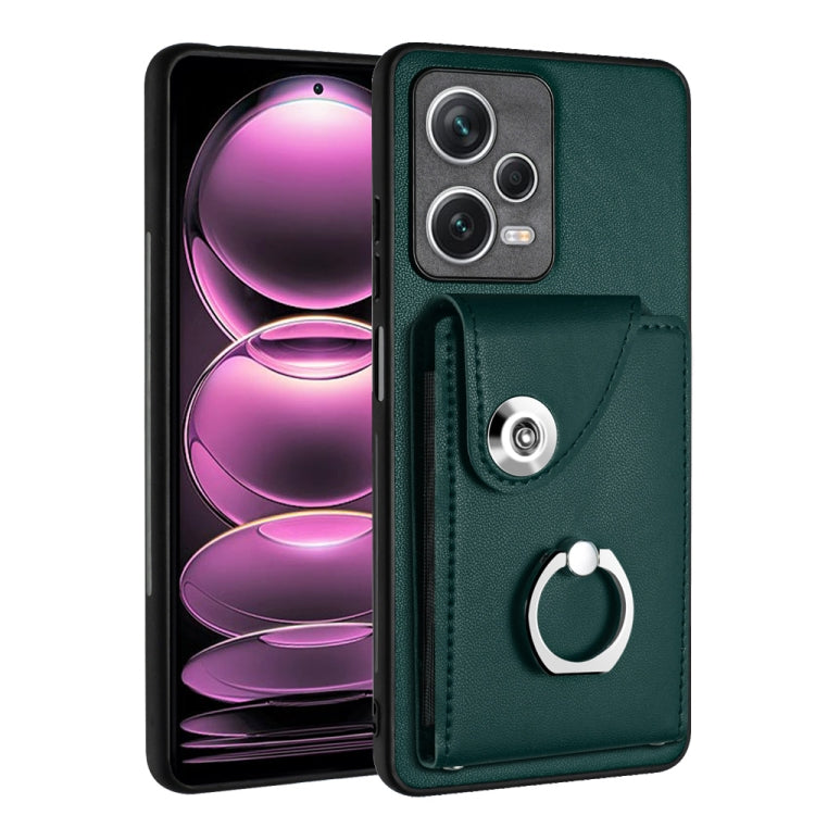 Green PU phone case with card slot and metal ring holder, for a secure grip