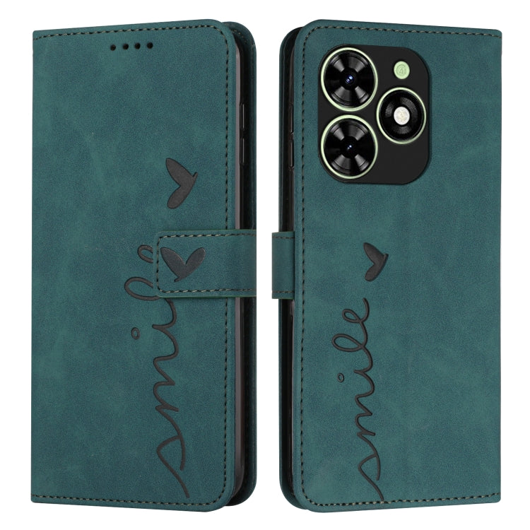 Teal leather phone case with heart embossing, LOVE script, and camera cutout on back