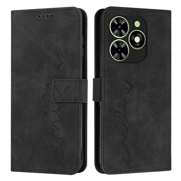 Black leather phone case with heart embossing, LOVE script, and camera cutout on back