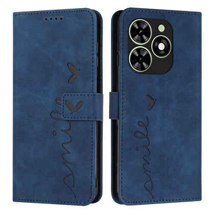 Blue leather phone case with heart embossing, LOVE script, and camera cutout on back