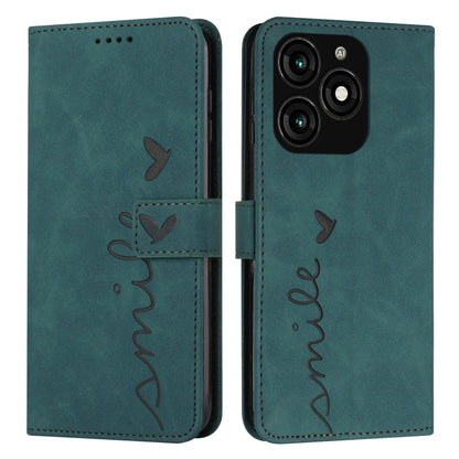 Teal leather phone case with heart embossing, LOVE script, and front flap with cutouts