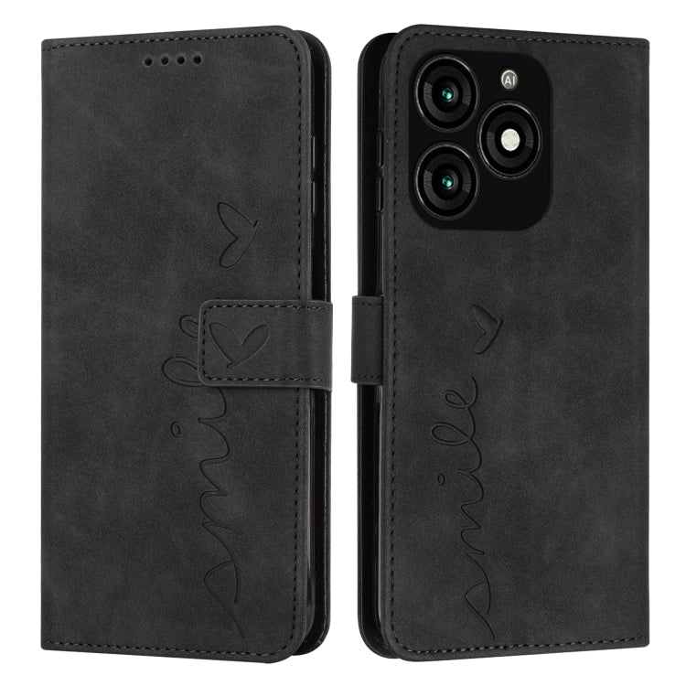 Black leather phone case with heart embossing, LOVE script, and front flap with cutouts