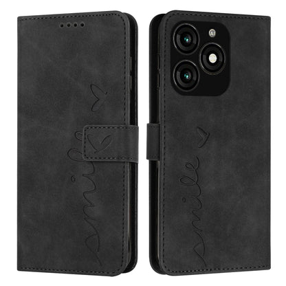 Black leather phone case with heart embossing, LOVE script, and front flap with cutouts