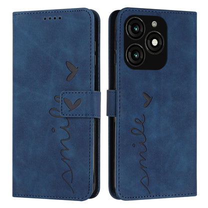 Blue leather phone case with heart embossing, LOVE script, and front flap with cutouts