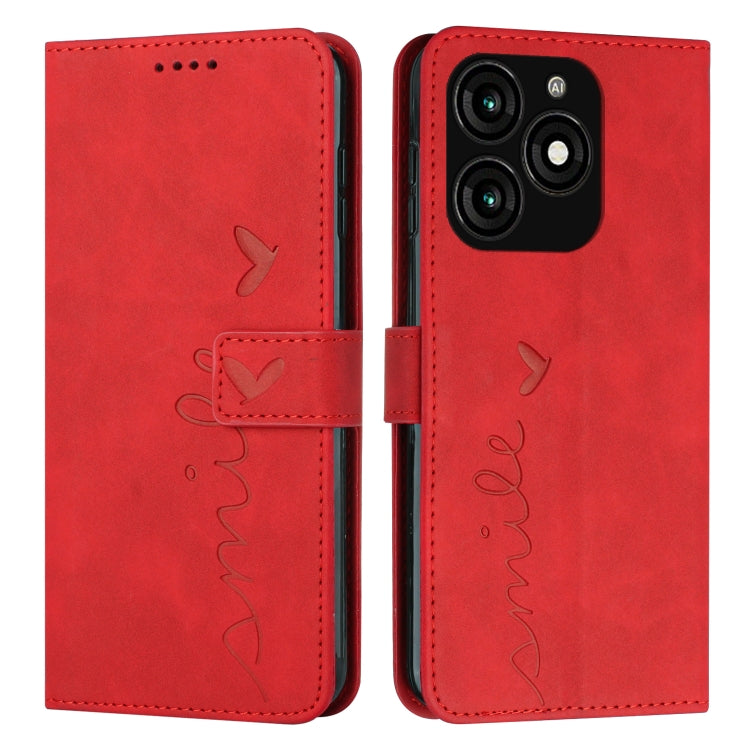 Red leather phone case with heart embossing, LOVE script, and camera cutout on back