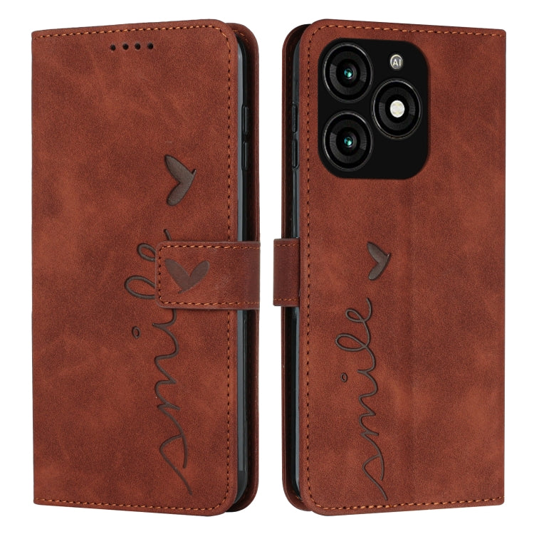 Brown leather phone case with heart embossing, LOVE script, and camera cutout on back