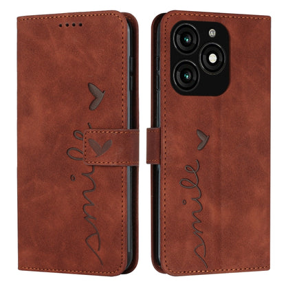 Brown leather phone case with heart embossing, LOVE script, and camera cutout on back