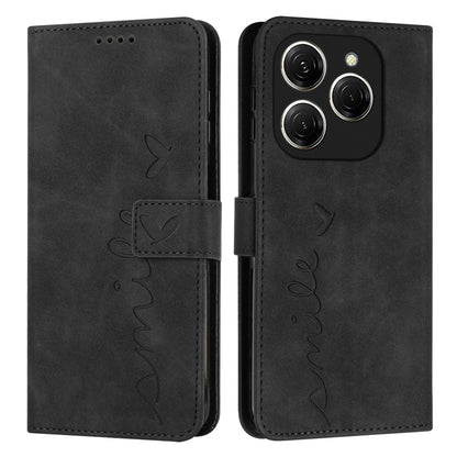 Black leather folio phone case with heart pattern, magnetic flap, phone camera cutout