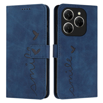 Blue leather folio phone case with heart pattern, magnetic flap, phone camera cutout
