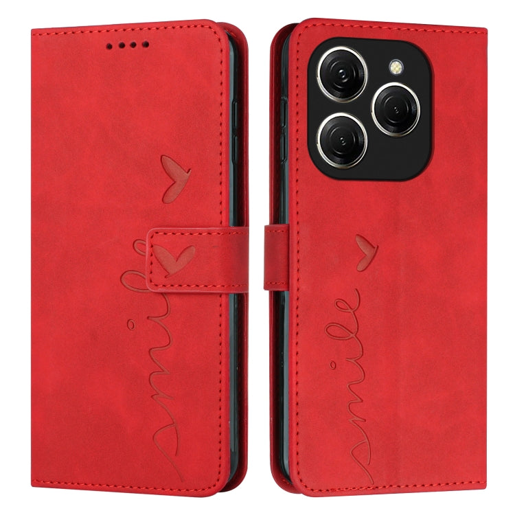Red leather phone case with heart embossing, LOVE script, and front flap with cutouts