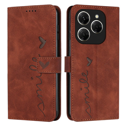 Brown leather phone case with heart embossing, LOVE script, and front flap with cutouts
